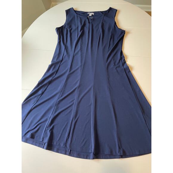 Susan Graver Liquid Knit Dress Sz L Sleeveless Navy A-Line Keyhole Detail Travel - Picture 4 of 8